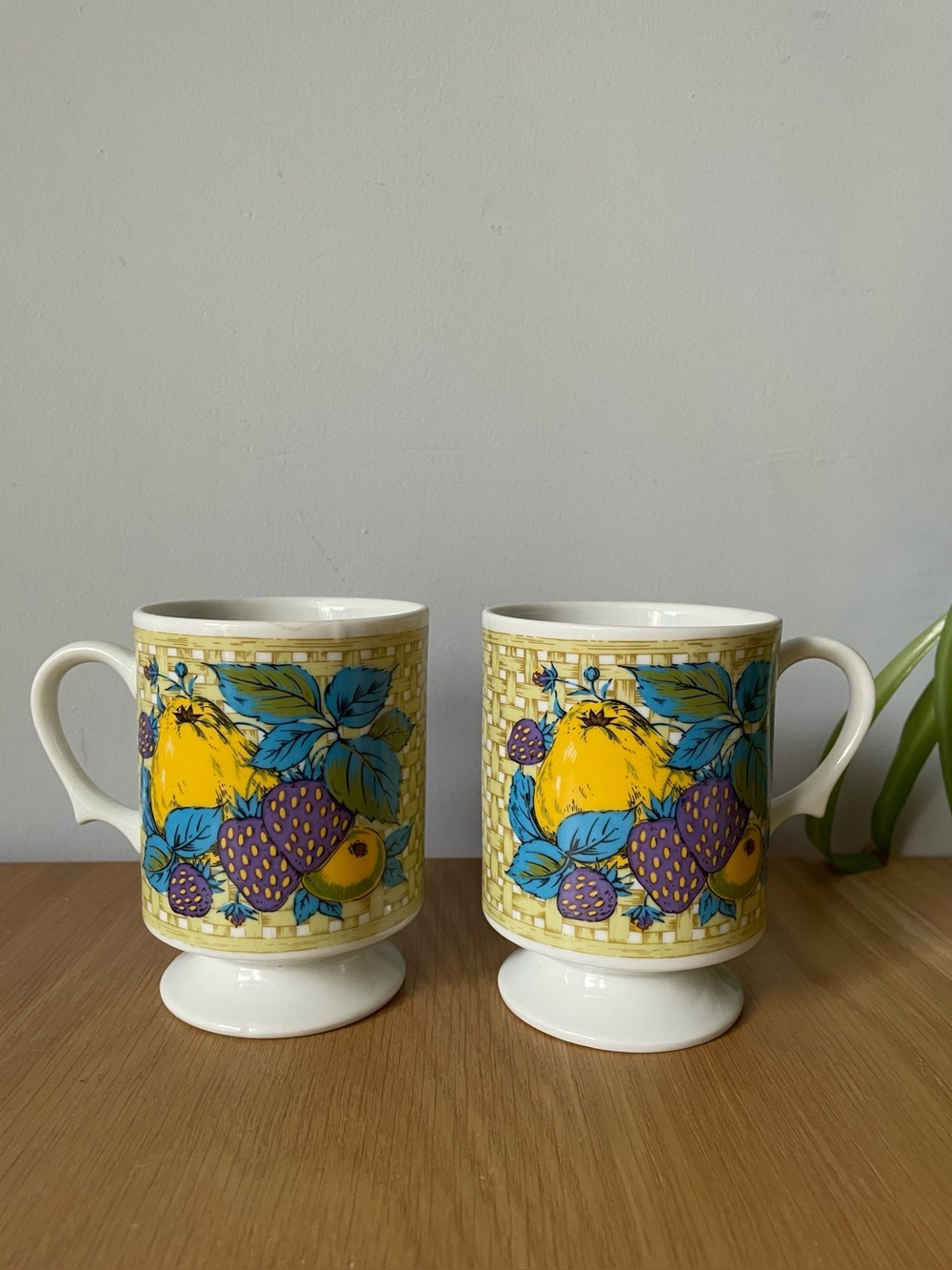 Vintage MCM Ceramic Pedestal Coffee Mugs Yellow Fruit Pattern Japan Set of 2